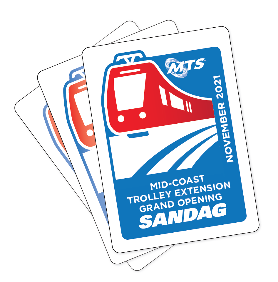 Deck of playing cards featuring Mid-Coast Trolley project logo, SANDAG logo, and MTS logo