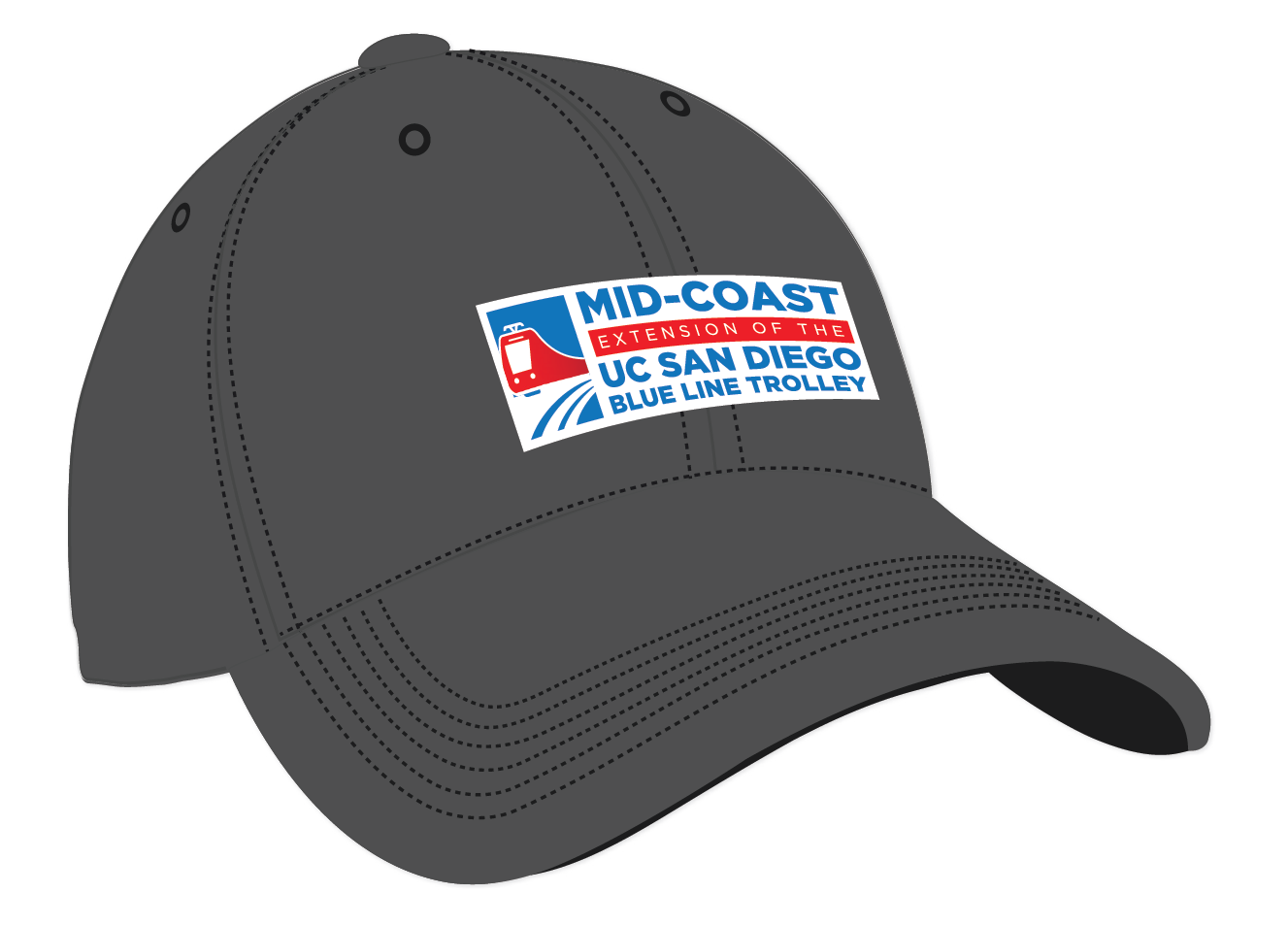 Dark gray baseball hat featuring Mid-Coast Trolley project logo, SANDAG logo, and MTS logo