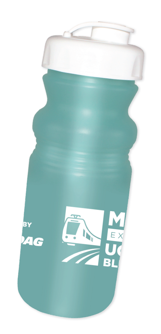 Plastic, turquoise water bottle featuring Mid-Coast Trolley project logo, SANDAG logo, and MTS logo